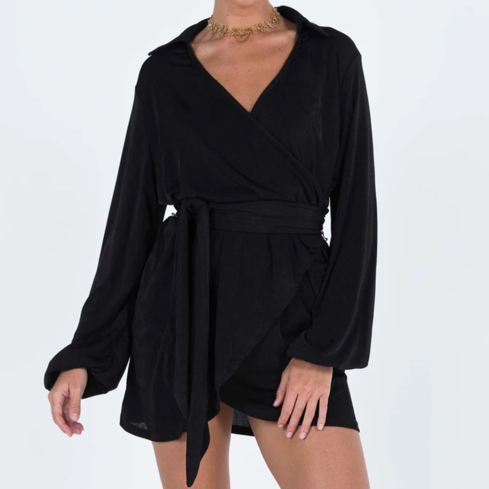 Princess Polly Black Long Sleeve Wrap Mini Dress Collared Size‎ US 2